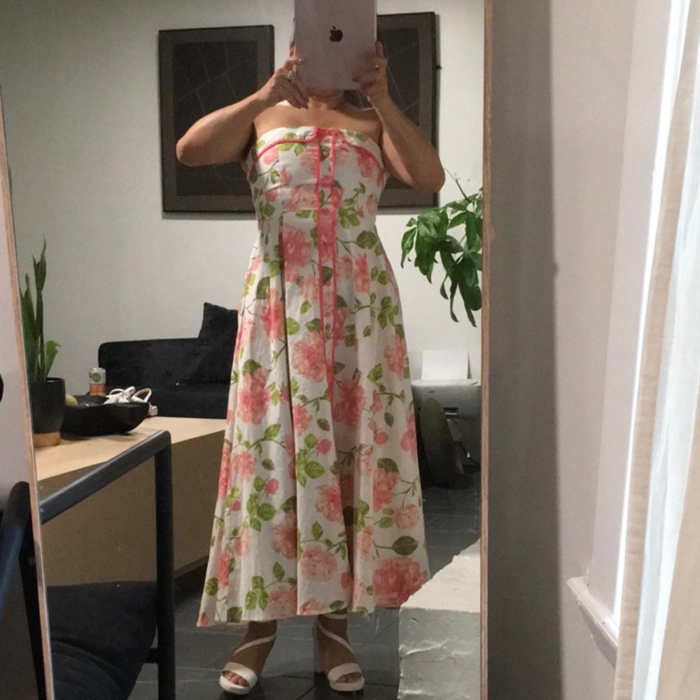 Strapless Floral Maxi Dress in White with Pink Roses